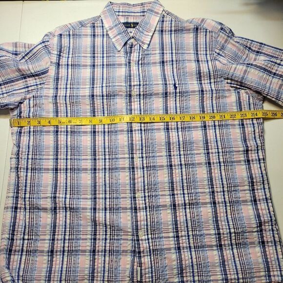 Ralph Lauren Y2K Blue Pink Plaid Cotton Seersucker Fabric Button Down Shirt - Picture 10 of 11